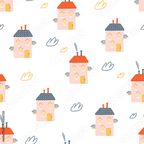 Cute colored cartoon houses with balconies isolated on white backdrop. Scandinavian style seamless pattern. Hand-drawn kid's print for textile, wallpaper, wrapping paper, background flat design.
