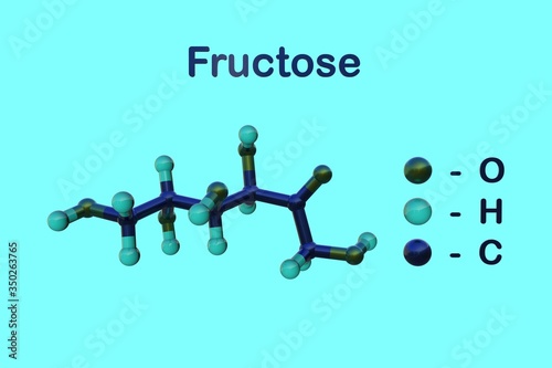 Molecular structure of fructose or fruit sugar, a simple ketonic monosaccharide found in many plants, where it is bonded to glucose to form disaccharide sucrose. 3d illustration photo