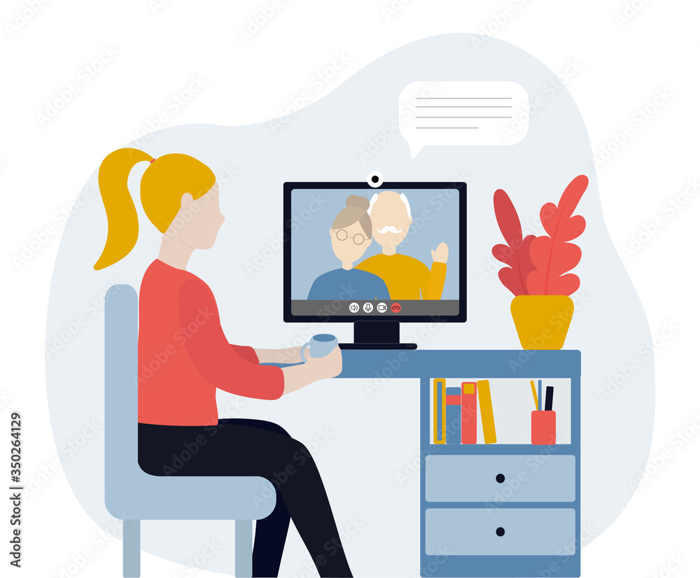 Woman having online meeting with parents or eldery family members via group call on big screen of computer. Video conference at home concept. Stay home. Woman having online meeting with parents or eldery family members via group call on big screen of computer. Video conference at home concept. Stay home.