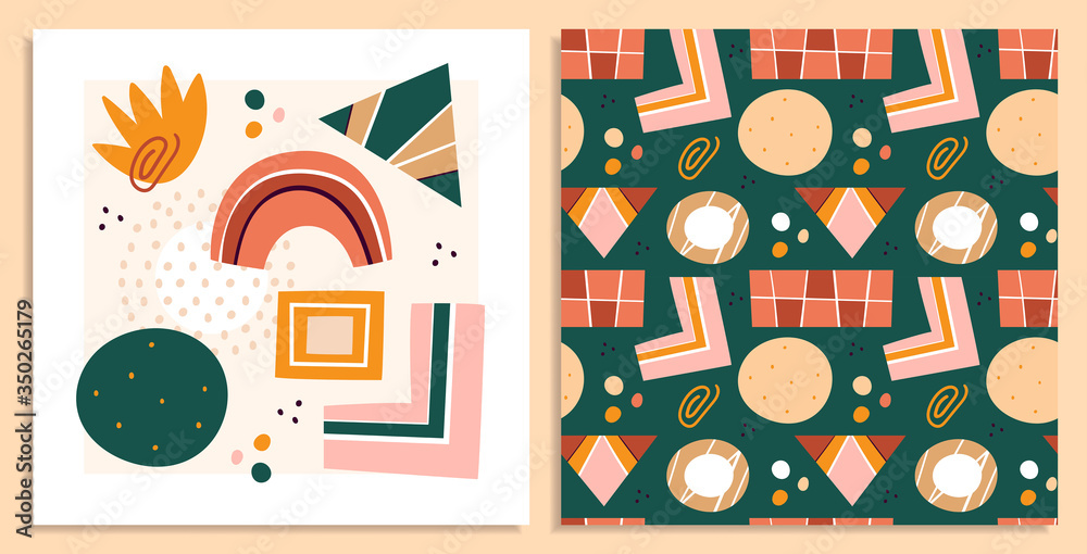 Fototapeta premium Abstract shapes, figures vector illustrations set. Circles and rectangles, triangle, stain flat arts, drawings collection. Abstraction, hand drawn geometric seamless pattern isolated on background.