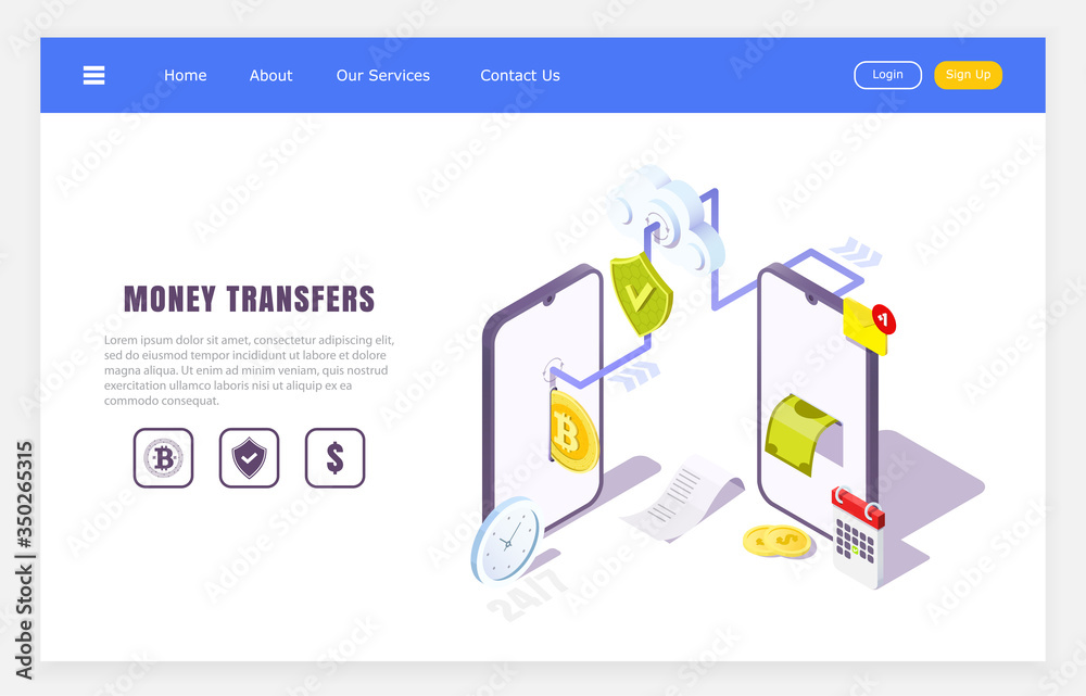 mobile transfers online application, isometric concept of financial transactions, vector illustration