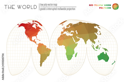Abstract geometric world map. Goode's interrupted Mollweide projection of the world. Red Yellow Green colored polygons. Stylish vector illustration.
