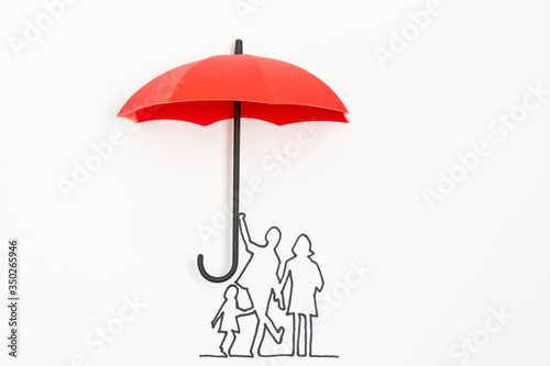 Complete family life insurance sign icon with umbrella and family silhouette photo