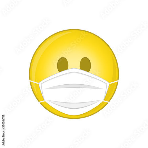 Emoji with Medical Mask in flat style. Smile emoji wearing a protective surgical mask. Icon for coronavirus outbreak. Yellow face with open eyes wearing a protection masks. Virus protect concept.