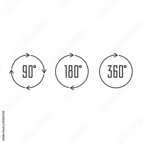 Set of angles 90, 180 and 360 degrees icons. Arrows rotation circle symbol set. Geometry math signs symbols. Full complete rotation arrow.