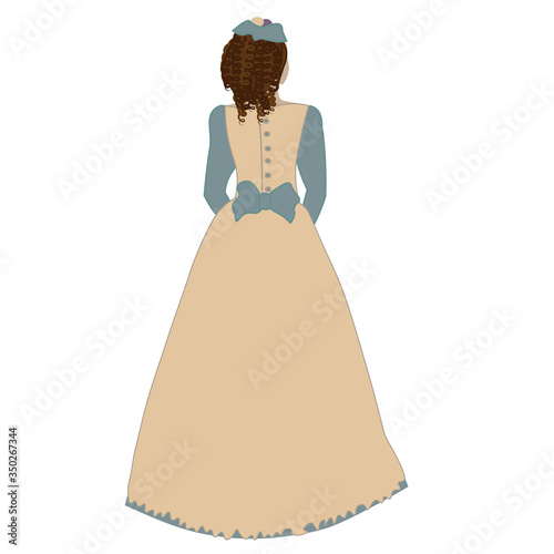 hand drown lady in eighteenth-century clothes stands with her back