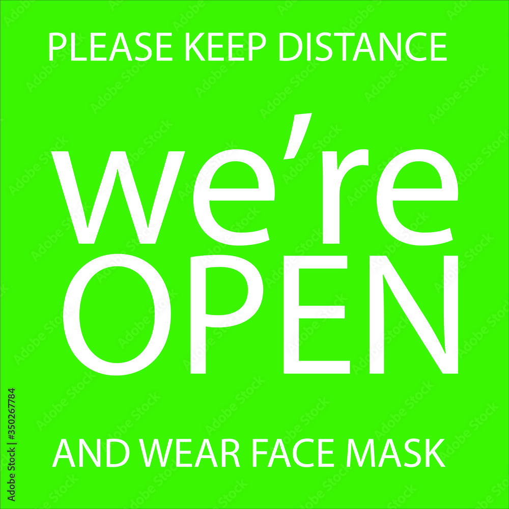 Naklejka premium We are Open again after vector illustration welcoming customers after coronavirus pandemic lockdown. Back in business