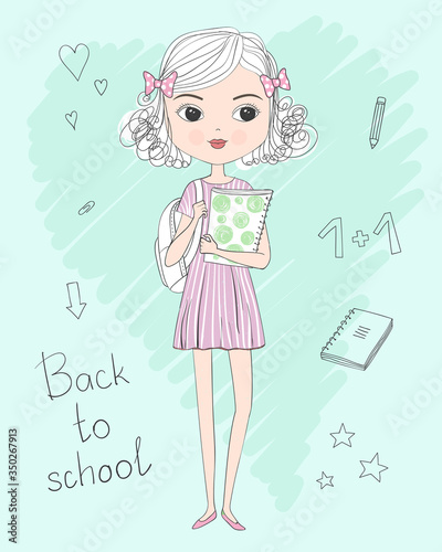 Hand drawn cute curly schoolgirl in dress with backpack and folder in hands. Back to school concept. Set of elements. Vector illustration