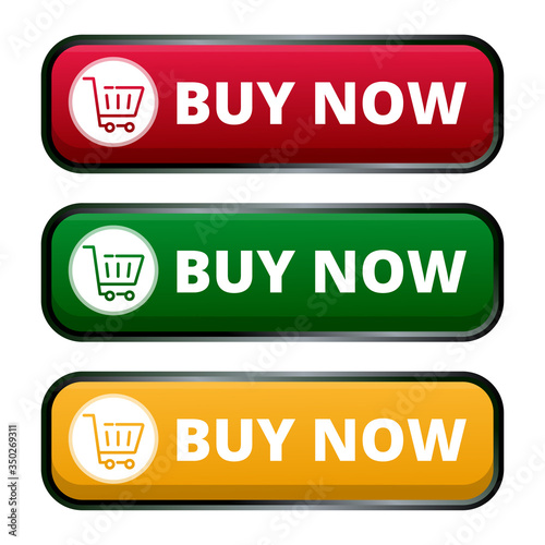 Buy now sign in rounded rectangle shape with red, green and yellow color isolated on white background 