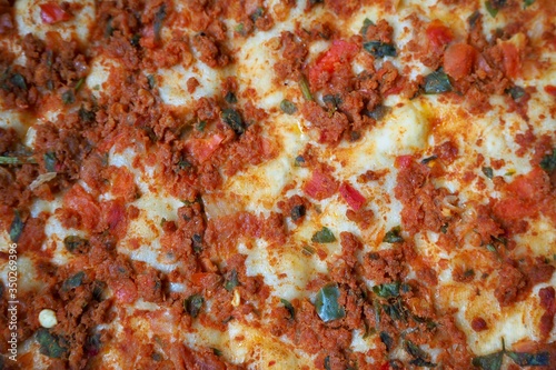 Turkish flatbread with minced meat and tomato sauce lahmacun 