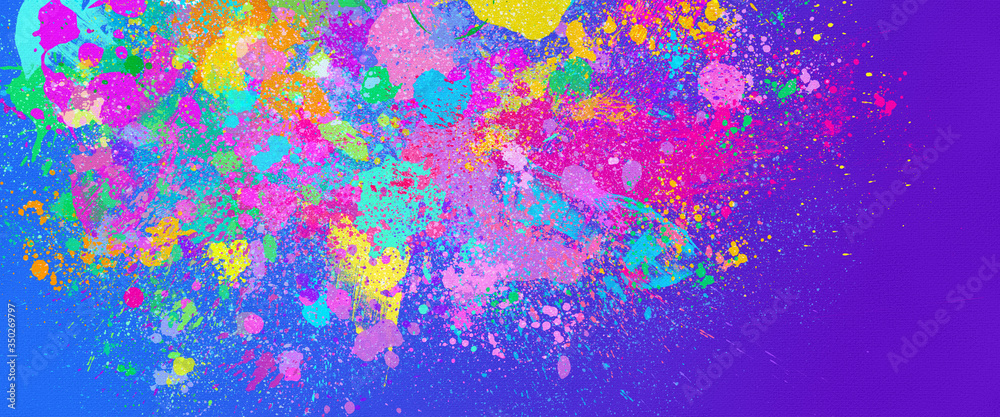 neon color paint splatter on blue violet background, abstract image