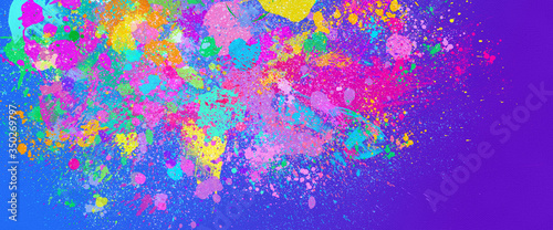 neon color paint splatter on blue violet background, abstract image
