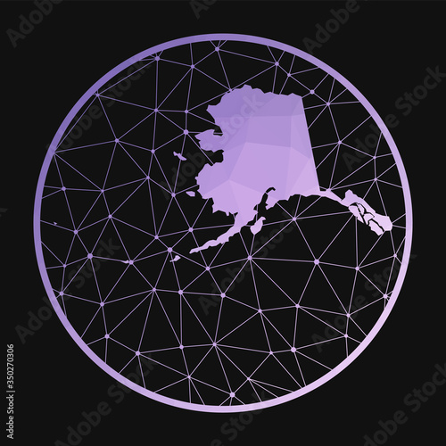 Alaska icon. Vector polygonal map of the US state. Alaska icon in geometric style. The US state map with purple low poly gradient on dark background.