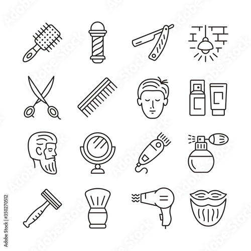 Barbershop line icon set. Equipment for shaving and haircut. Scissors, razor, hairbrush, mirror, cologne flat sign. Editable stroke. Vector collection.