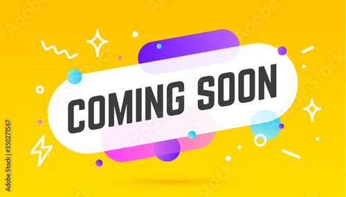 Coming soon, speech bubble. Banner, poster, speech bubble with text Coming soon. Geometric memphis style with message coming soon. Explosion burst design, speech bubble. Vector Illustration