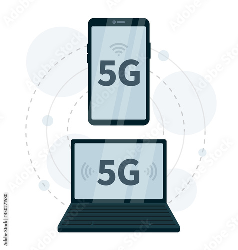 Smartphone connected to notebook laptop with 5G connection support. Flat vector illustration of high speed internet network, fifth generation cellular data and mobile devices on white background.