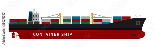 Black red container ship isolated on white background. Cargo with cranes, goods, import export transport industry. Vector illustration of nautical vessel floating in the ocean. Cheap delivery option