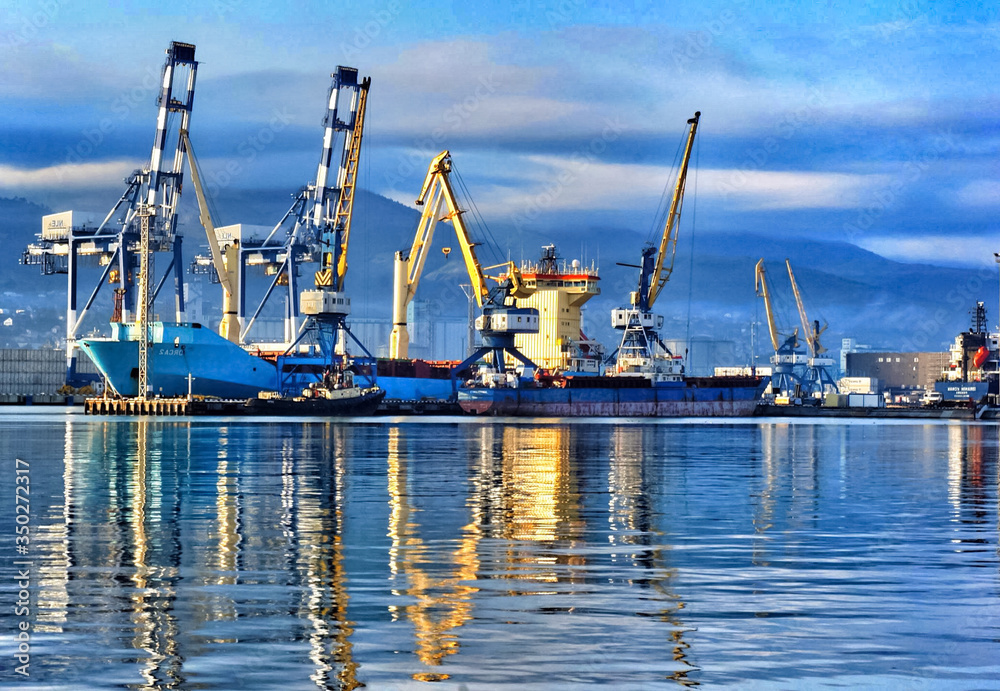 Obraz premium Port cranes in port of Novorossiysk. Industrial port landscape.