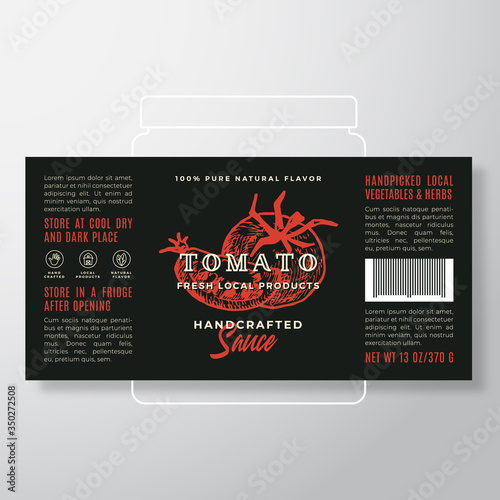 Handcrafted Vegetables and Herbs Sauce Label Template. Abstract Vector Packaging Design Layout. Modern Typography Banner with Hand Drawn Tomato with a Slice Silhouette Background.