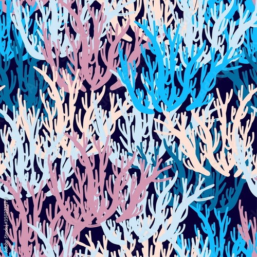 Corals pattern seamless. Coral reef. SUMMER BACKGROUND FOR FABRIC AND TEXTILES. The flora is oceanic