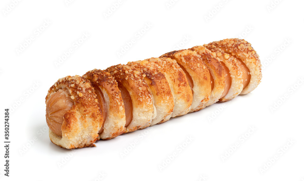 Pretzel dogs with cheese isolated on white background with clipping path, Hot and spicy.