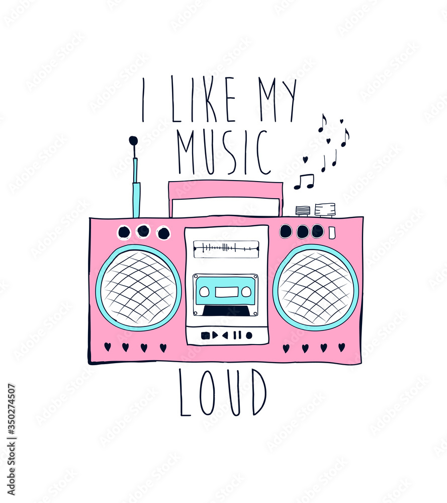 I like my music loud slogan and hand drawing radio illustration vector.  Stock Vector | Adobe Stock