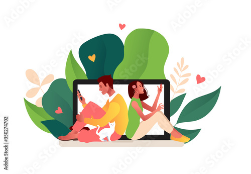 Virtual relationships and online dating and social networking concept during lockdown. Couple sitting back to back with smartphones. Vector illustration, flat style.