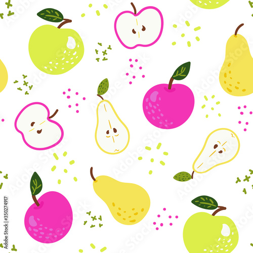Hand drawn vector illustration –  seamless pattern with colorful doodle fruits – pears and apples. Original decorative background for your design, textile, wrapping 