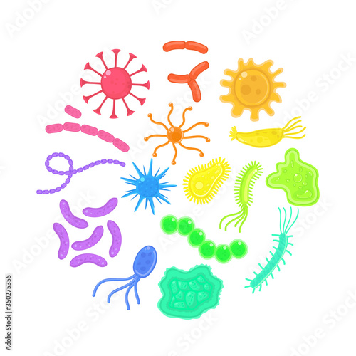 Colourful cartoon virus, bacteria,microbe,probiotic, cells and bacillus set of elements. Round shape Health, flu,disease, illness, probiotic concept. Stock vector illustration isolated on white