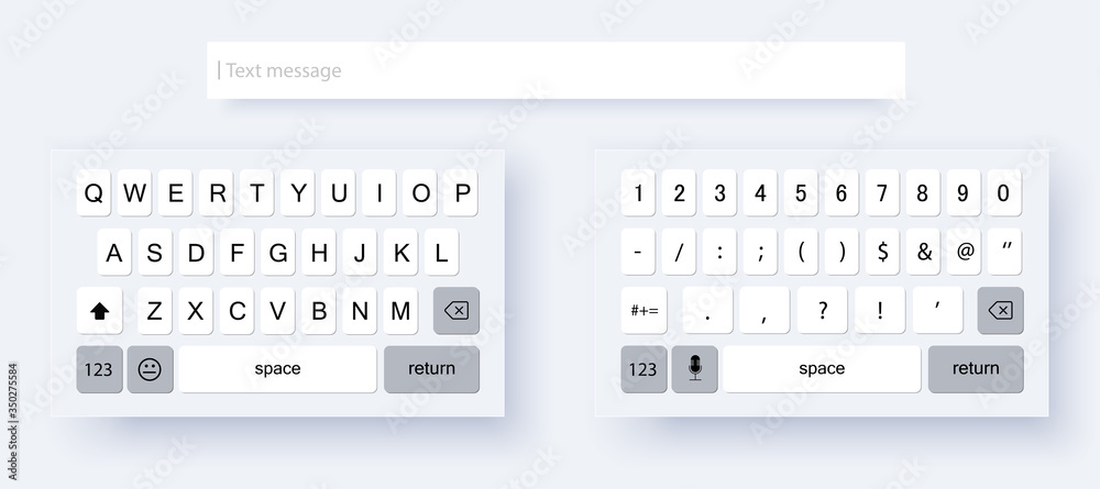 Mock up light keyboard of smartphone. Set of vector mobile keyboards full set. Alphabet and numerals buttons in modern style. Compact virtual keyboard for mobile device. Vector illustration Mock up light keyboard of smartphone. Set of vector mobile keyboards full set. Alphabet and numerals buttons in modern style. Compact virtual keyboard for mobile device. Vector illustration