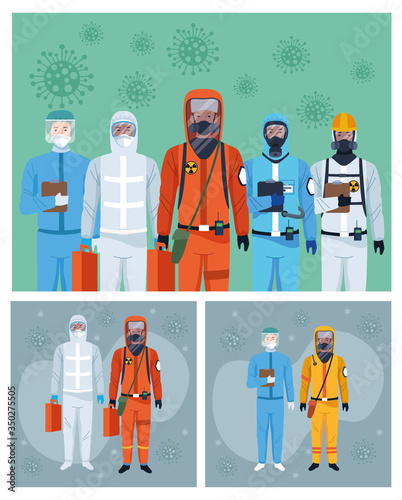 group of workers using protection virus suits and covid19 particles