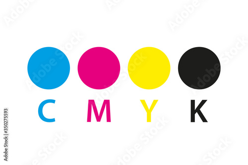 Cmyk print icon. Four circles in cmyk colors symbols. Cyan, magenta, yellow, key, black wheels isolated on white background