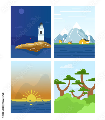 Set of flat style landscape designs, vector scenery postcard, poster. photo