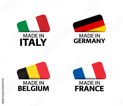 Set of four Italian, German, Belgian and French stickers. Made in Italy, Made in France, Made in Germany and Made in Belgium. Simple icons with flags isolated on a white background