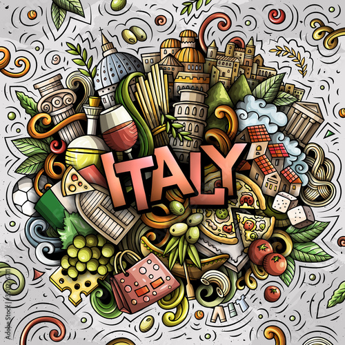 Italy hand drawn cartoon doodles illustration. Funny travel design.