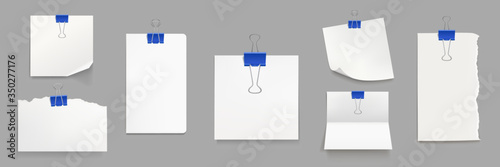 White paper sheets with blue binder clips isolated on gray background. Vector realistic set of blank notes, pages and paper pieces with curled up corner, fold and torn edges