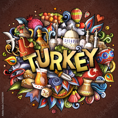 Turkey hand drawn cartoon doodles illustration. Funny travel design.
