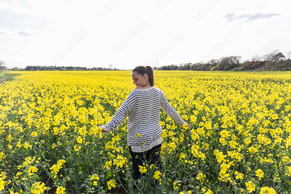 woman strolling through a canola meadow surrounded by yellow flowers on a cloudy day woman strolling through a canola meadow surrounded by yellow flowers on a cloudy day