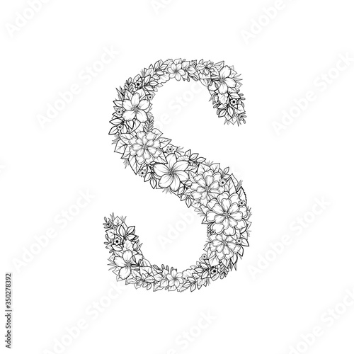 Handmade decorative font. Capital Latin letters with outline floral elements. Vector illustration