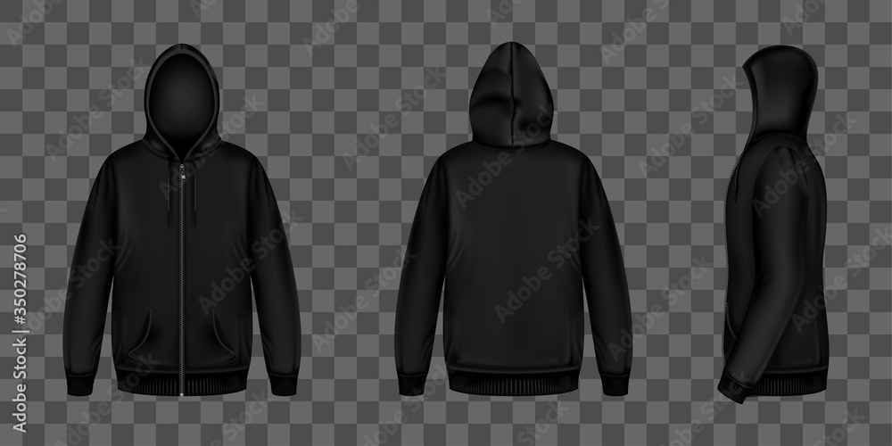 Black sweatshirt with zipper, hood and pockets front, back and side view.  Vector realistic mockup of male zip hoodie with long sleeve. Warm shirt,  men sport jacket isolated on transparent background Stock