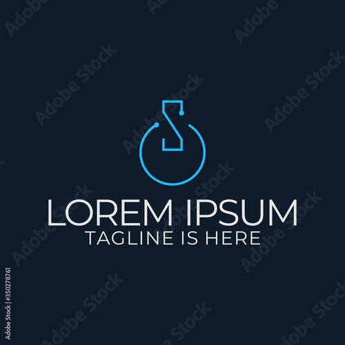 Design the monoline logo letter s in blue on a dark blue background.