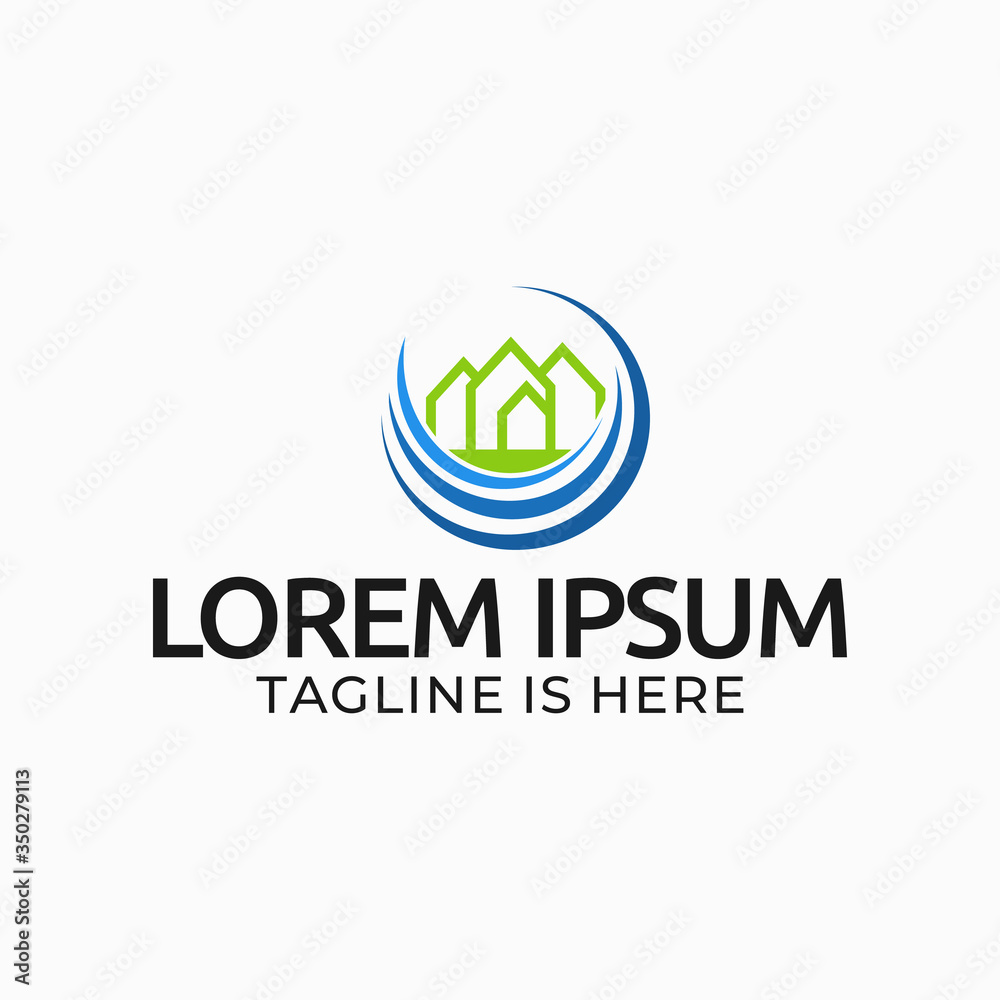 Logo design of a green building surrounded by blue objects.