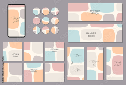 Beautiful feminine set of square, vertical, horizontal and circle social media templates with minimal abstract organic shapes composition in trendy contemporary collage style