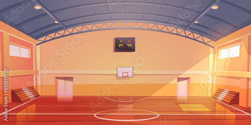 Basketball court interior, sports arena or hall for team games with hoop, wooden floor, scoreboard and empty fan sector seats. Indoor stadium illuminated with sunlight, cartoon vector illustration