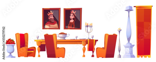 Feast table with food in castle dining room with utensil, goblets and meal. Medieval palace interior stuff, king and queen portraits, royal furniture and marble pillars, Cartoon vector illustration