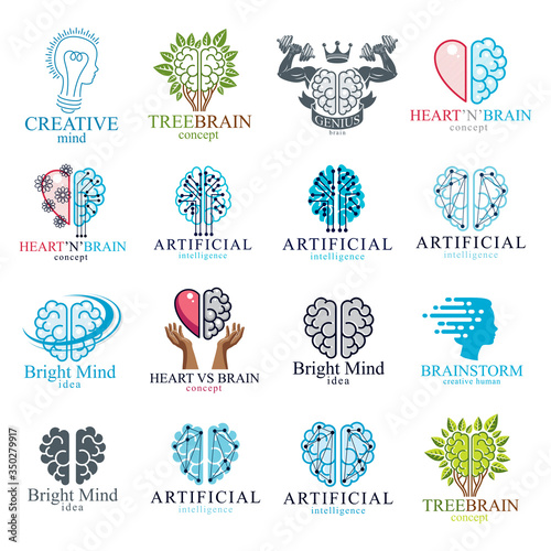 Brain and intelligence vector icons or logos concepts set. Artificial Intelligence  Bright Mind  Brain Training  Feelings soul versus Rational thinking  Creativeness  Brainstorming  Mental Health.