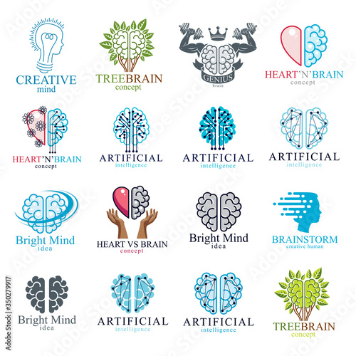 Brain and intelligence vector icons or logos concepts set. Artificial Intelligence, Bright Mind, Brain Training, Feelings soul versus Rational thinking, Creativeness, Brainstorming, Mental Health.