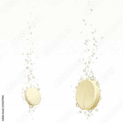 Effervescent soluble tablet with bubbles in water isolated on transparent background. Vector realistic mockup of white fizzy pill, dissolving medicine drug, antibiotic or vitamin