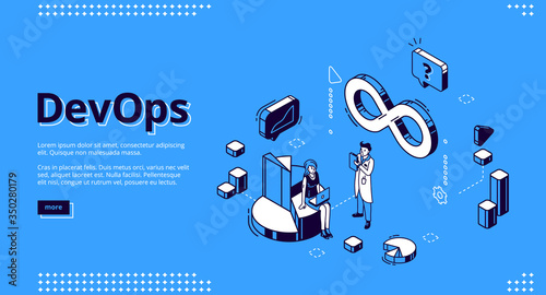 Devops isometric landing page, development and operation specialists work collaboration. Programmer and businesswoman at huge pc. Automation cycles software construction. 3d vector line art web banner