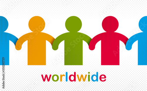 Worldwide people global society concept, different races solidarity, we stand as one, togetherness and friendship allegory, world unity cooperation, vector illustration logo or icon.